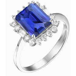 Halo Smaragd Blauwe Saffier Ring Ronde & Baguette Diamanten 3,50 Karaat