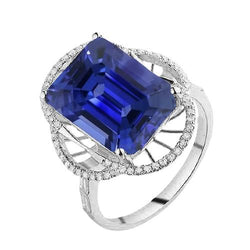 Halo Smaragd Blauwe Saffier Ring & Ronde Diamanten 4 Karaat