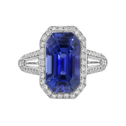 Halo Smaragd Saffier Ring met ronde en baguette diamanten 4 karaat