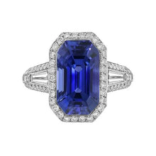 Afbeelding in Gallery-weergave laden, Halo Smaragd Saffier Ring met ronde en baguette diamanten 4 karaat - harrychadent.nl
