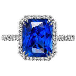 Halo Stralende Saffier Ring Dubbele Prong Diamanten 5,50 Karaat