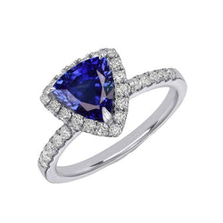 Halo Triljoen Blauwe Saffier Ring & Accenten Diamanten 3 Karaat