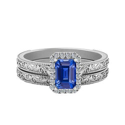 Halo Trouwring Set Emerald Blue Sapphire 2,50 karaat antieke stijl