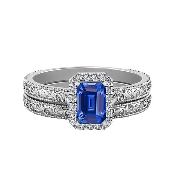 Halo Trouwring Set Emerald Blue Sapphire 2,50 karaat antieke stijl - harrychadent.nl