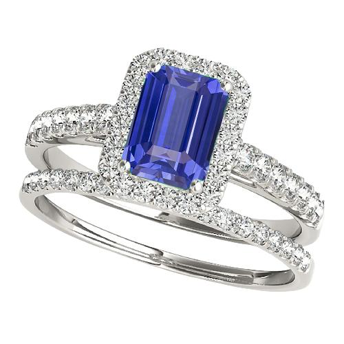 Halo Verlovingsring Set Emerald Blue Sapphire met gouden band 4 karaat - harrychadent.nl