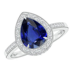Halo Witgouden Ring Peer Pave Set Diamant Blauwe Saffier 2,50 Karaat