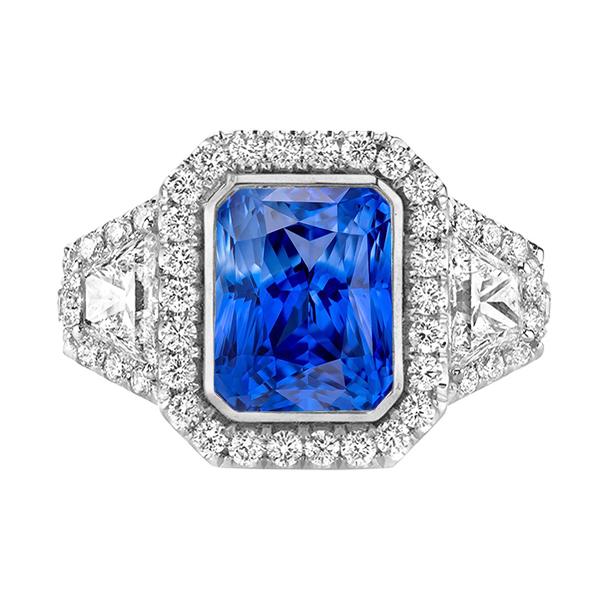 Halo bezel set blauwe saffier ring 4.50 karaat trapezium & ronde diamant - harrychadent.nl