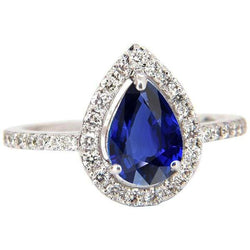 Halo blauwe saffier diamanten verlovingsring peer geslepen 3,50 karaat