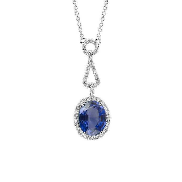 Halo blauwe saffier en diamanten hanger ketting 4 karaat goud 14K - harrychadent.nl