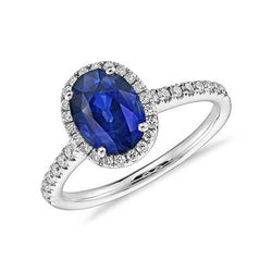 Halo blauwe saffier en diamanten verlovingsring 2.25 karaat goud 14K