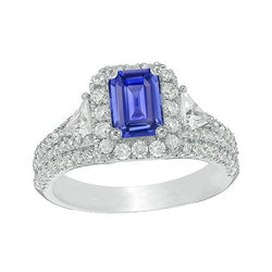 Halo blauwe saffier ring 3 stenen stijl smaragd en diamanten 3,50 karaat