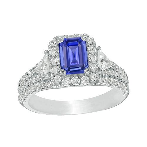 Halo blauwe saffier ring 3 stenen stijl smaragd en diamanten 3,50 karaat - harrychadent.nl