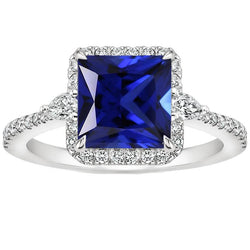 Halo blauwe saffier ring 6 karaat prinses geslepen met diamanten accenten
