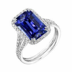 Halo blauwe saffier verlovingsring set 4,50 karaat met diamanten band