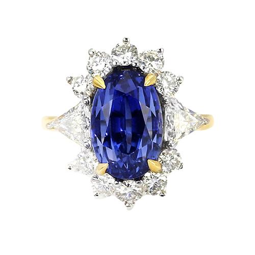 Halo diamanten Ceylon Sapphire Ring 4,25 karaat tweekleurige Sunburst-stijl - harrychadent.nl