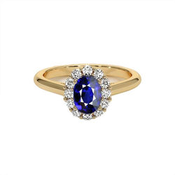 Halo diamanten ring geel goud ovaal Ceylon saffier 5,25 karaat