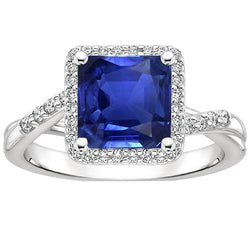Halo diamanten ring vierkante vorm Ceylon blauwe saffier centrum 4 karaat