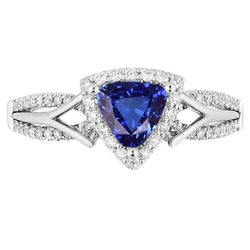 Halo diamanten ring voor dames 3 karaat biljoen blauwe saffier gespleten schacht