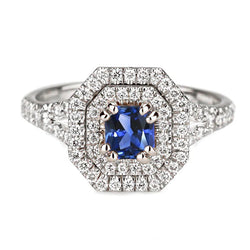 Halo diamanten saffier ring stralend geslepen gouden gespleten schacht 3,50 karaat