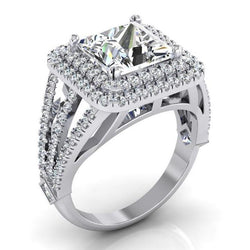 Halo diamanten verlovingsring 6 karaat gespleten schacht wit goud 14K