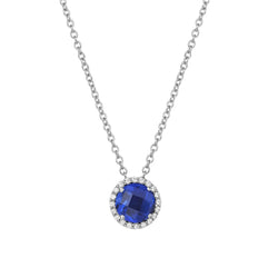 Halo hanger met diamant en ronde blauwe saffier met ketting van 1,50 karaat