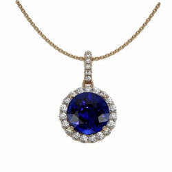Halo hanger met ronde diamant en blauwe saffier geel goud 3,50 karaat