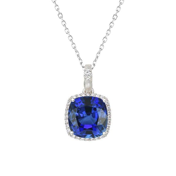 Halo kussen blauwe saffier & diamanten hanger met ketting 4 karaat - harrychadent.nl