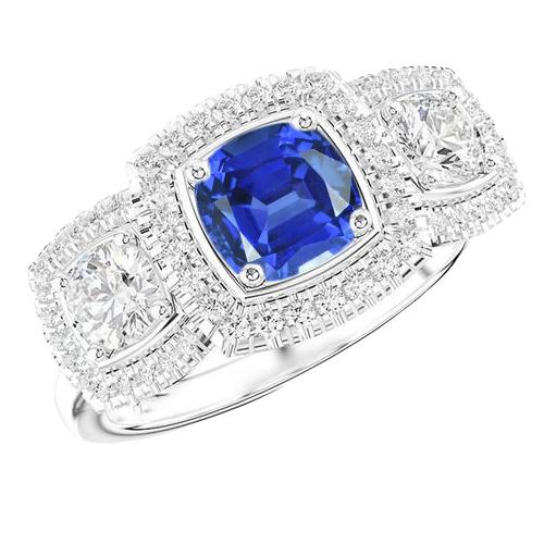 Halo kussen blauwe saffier ring 3 karaat diamanten damesjuwelen - harrychadent.nl