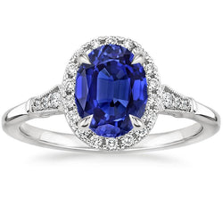 Halo ovale Ceylon saffier jubileum ring met accenten 4,50 karaat