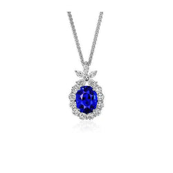 Halo ovale blauwe saffier & ronde diamanten hanger ketting 2 karaat