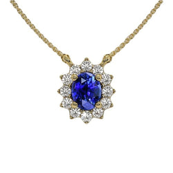Halo ovale blauwe saffier & ronde diamanten hanger ketting 3,50 karaat