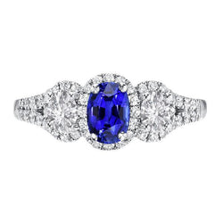 Halo ovale saffier ring 3 stenen stijl gespleten schacht 3,50 karaat