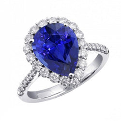 Halo peervormige blauwe saffier en ronde diamanten ring 5 karaat