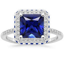 Halo ring met blauwe saffier en diamanten 5,5 karaat prinses met accent