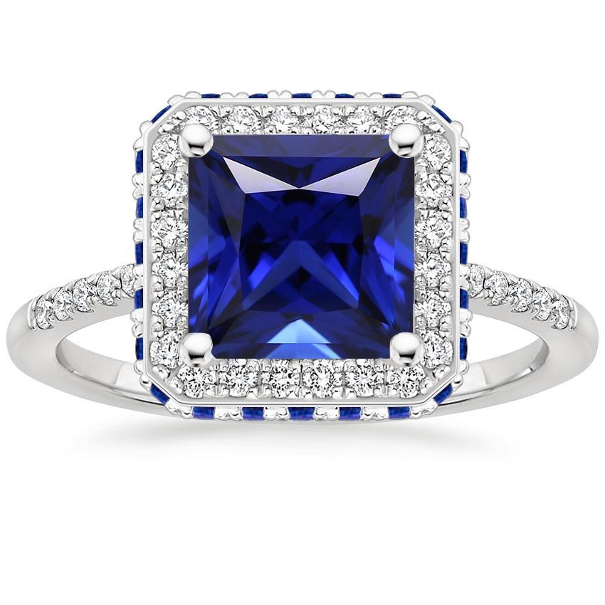 Halo ring met blauwe saffier en diamanten 5,5 karaat prinses met accent - harrychadent.nl