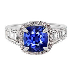 Halo-ring met blauwe saffier, stokbrood en ronde diamanten van 4,5 karaat