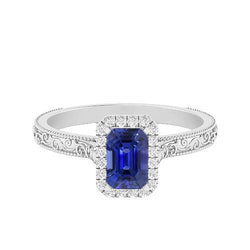 Halo-ring met diamanten voor dames 2 karaat Srilankaanse saffiergoud filigraan