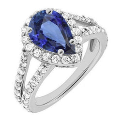 Halo ring voor dames met gespleten schacht Ceylon saffier en diamanten 4,75 karaat