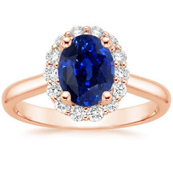 Halo ronde diamanten en ovale ring Sri Lankaanse saffier 3,50 karaat