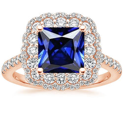 Halo ronde diamanten ring bloem stijl prinses blauwe saffier 7 karaat
