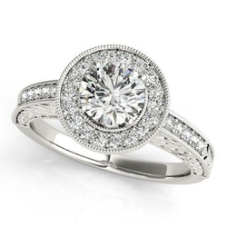 Halo ronde diamanten vintage stijl ring 1,25 karaat gegraveerd WG 14K
