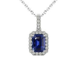Halo smaragdblauwe saffier en ronde diamanten hanger 3 karaat