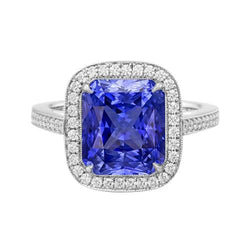 Halo trouwring stralende blauwe saffier 3,50 karaat diamanten accenten