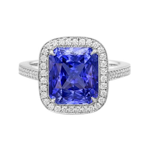 Halo trouwring stralende blauwe saffier 3,50 karaat diamanten accenten - harrychadent.nl