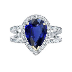 Halo tweekleurige gouden diepblauwe saffier en diamanten ring 4,50 karaat