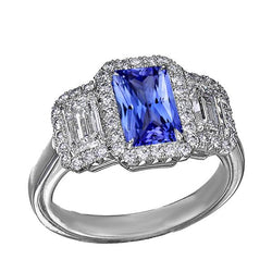 Halo verlovingsring met blauwe saffier 4,50 karaat smaragd en ronde diamant