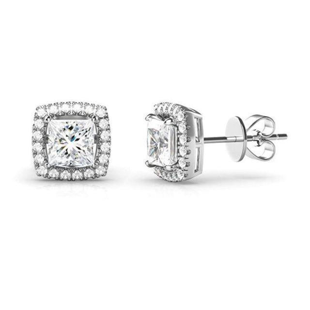 Halo Echt Diamanten Oorknopjes 2,70 Ct. Sprankelend Kussen En Ronde Snit