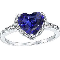 Hart Halo Blauwe Saffier Ring Prong Set Diamanten 4 Karaat Wit Goud