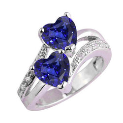 Hart blauwe saffier diamanten ring 2 stenen gespleten schacht 3,50 karaat