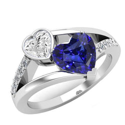 Hart diamanten ring set blauwe saffier ring gespleten schacht 3,25 karaat